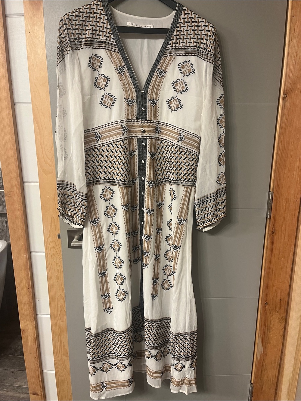 Veronica Beard White Maxi Dress with Tan & black Embroidery